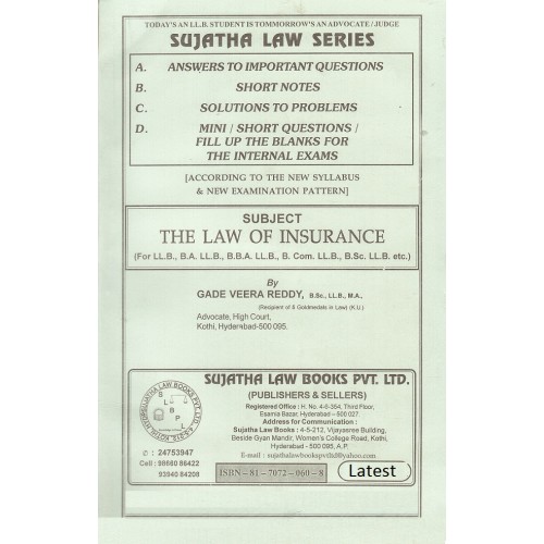 Sujatha Law Series Law of Insurance for BSL & LL.B by Gade Veera Reddy